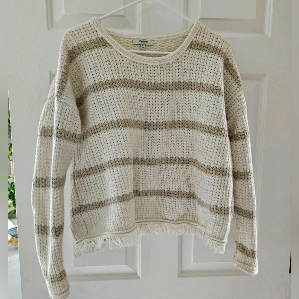 Madewell Womens Size Wool Alpaca Blend Striped Sweater Fringe
